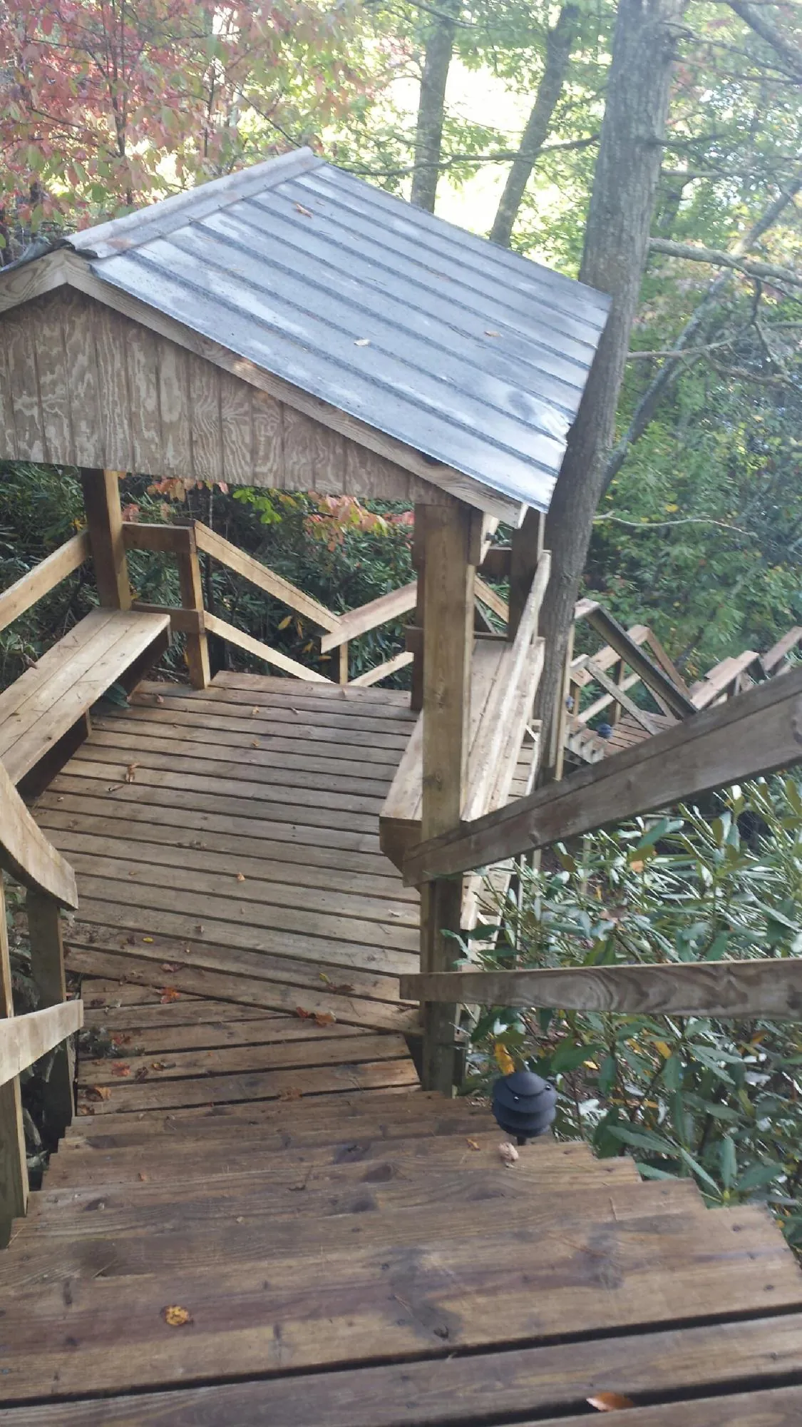 Metal roofed shelter over wooden steps on a wooded walkway — Skylight Repair & Installation work by our crew in Willis